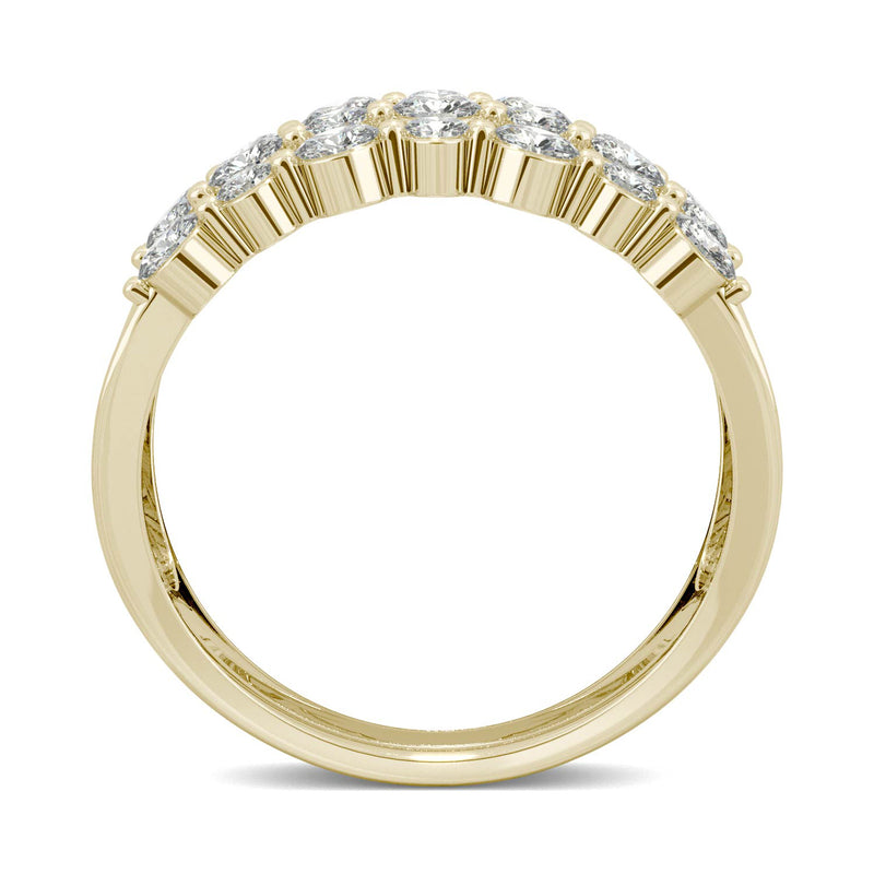 0.91 CTW DEW Round Moissanite Three Row Ring in 14K Yellow Gold