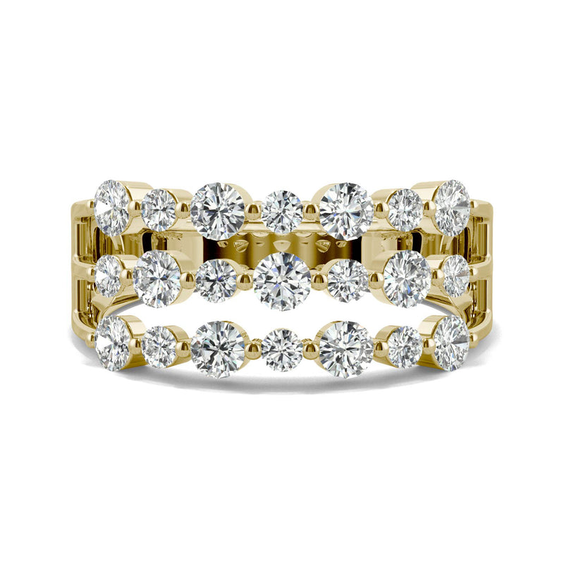 0.91 CTW DEW Round Moissanite Three Row Ring in 14K Yellow Gold