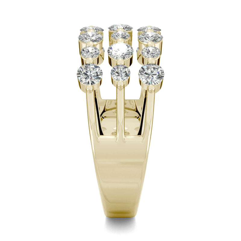 0.91 CTW DEW Round Moissanite Three Row Ring in 14K Yellow Gold