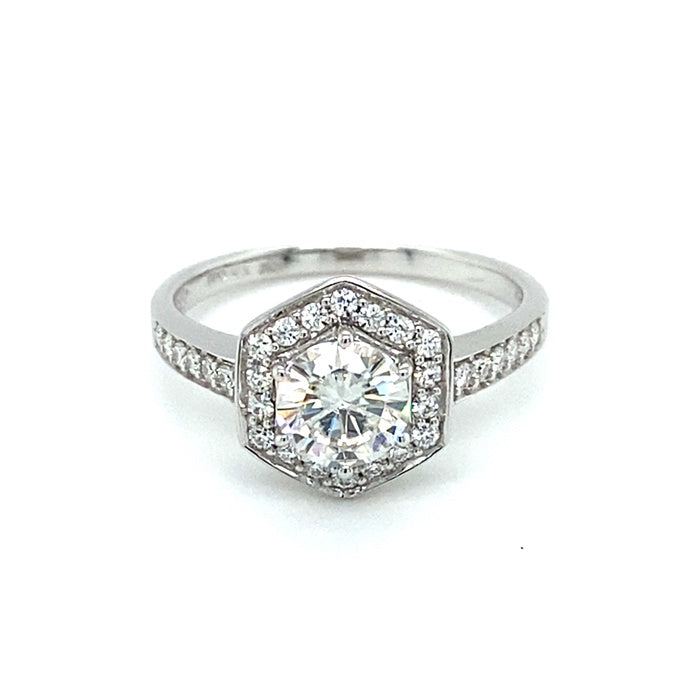 1.10 CTW DEW Round Geometric Halo Engagement Ring 14K White Gold
