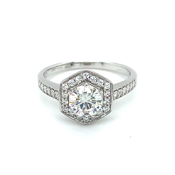 1.10 CTW DEW Round Near-Colorless Moissanite Geometric Halo Engagement Ring in 14K White Gold