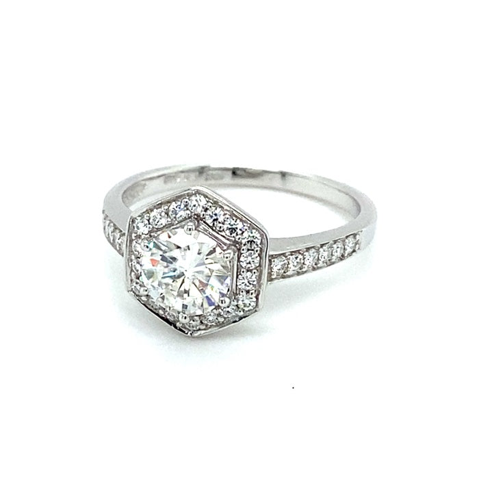 1.10 CTW DEW Round Near-Colorless Moissanite Geometric Halo Engagement Ring in 14K White Gold