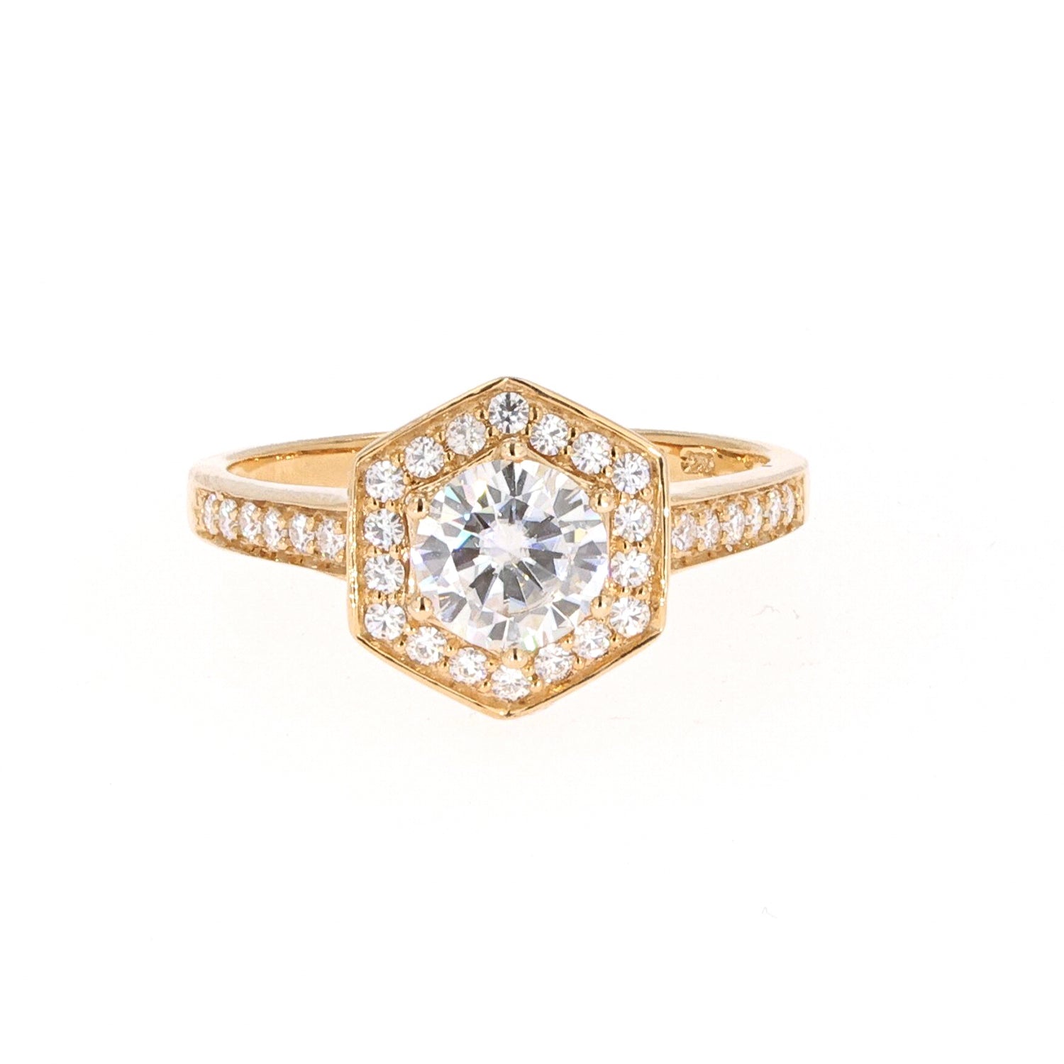 1.10 CTW DEW Round Near-Colorless Moissanite Geometric Halo Engagement Ring in 14K Yellow Gold