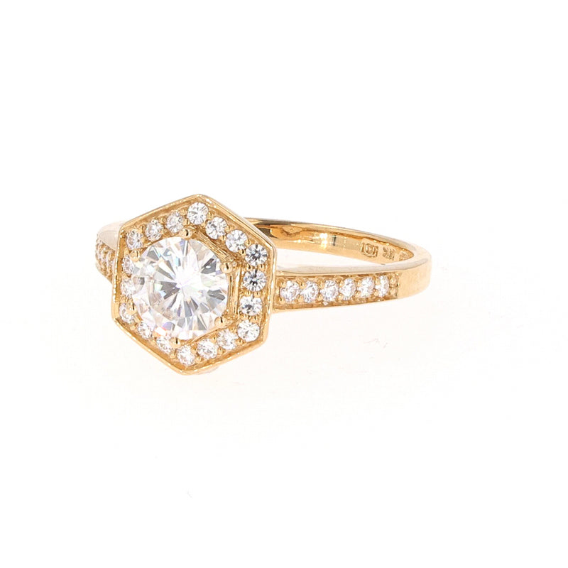 1.10 CTW DEW Round Near-Colorless Moissanite Geometric Halo Engagement Ring in 14K Yellow Gold