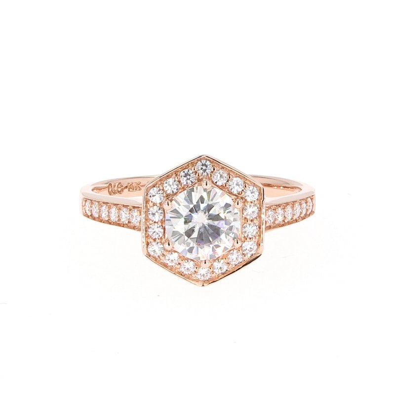 1.10 CTW DEW Round Near-Colorless Moissanite Geometric Halo Engagement Ring in 14K Rose Gold