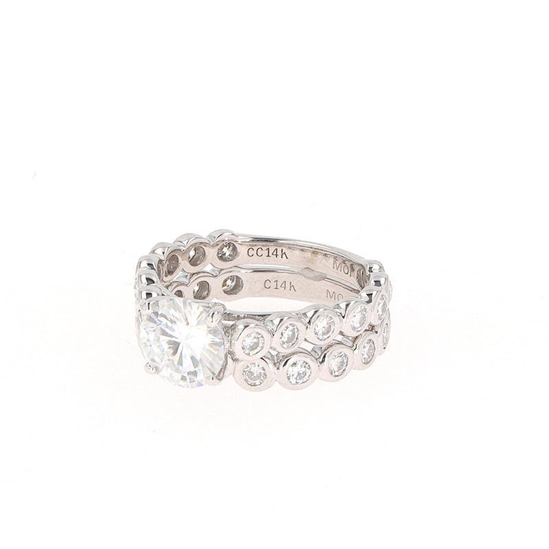 2.22 CTW DEW Round Near-Colorless Moissanite Cathedral Wedding Set in 14K White Gold