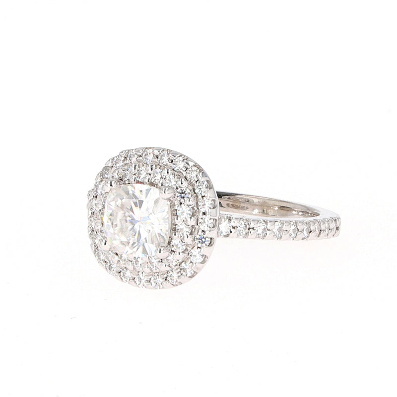 1.77 CTW DEW Cushion Near-Colorless Moissanite Halo Ring in 14K White Gold