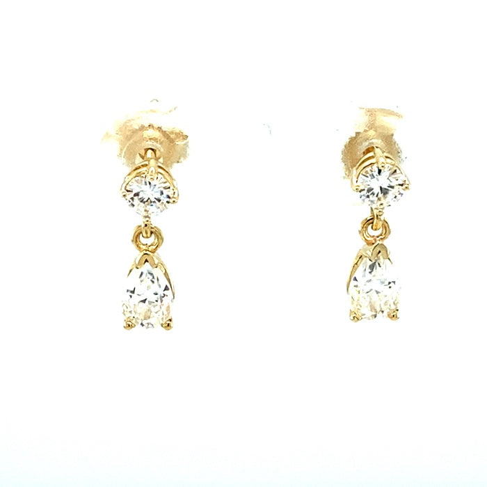 1.18 CTW DEW Pear Near-Colorless Moissanite Two-Stone Drop Earrings in 14K Yellow Gold