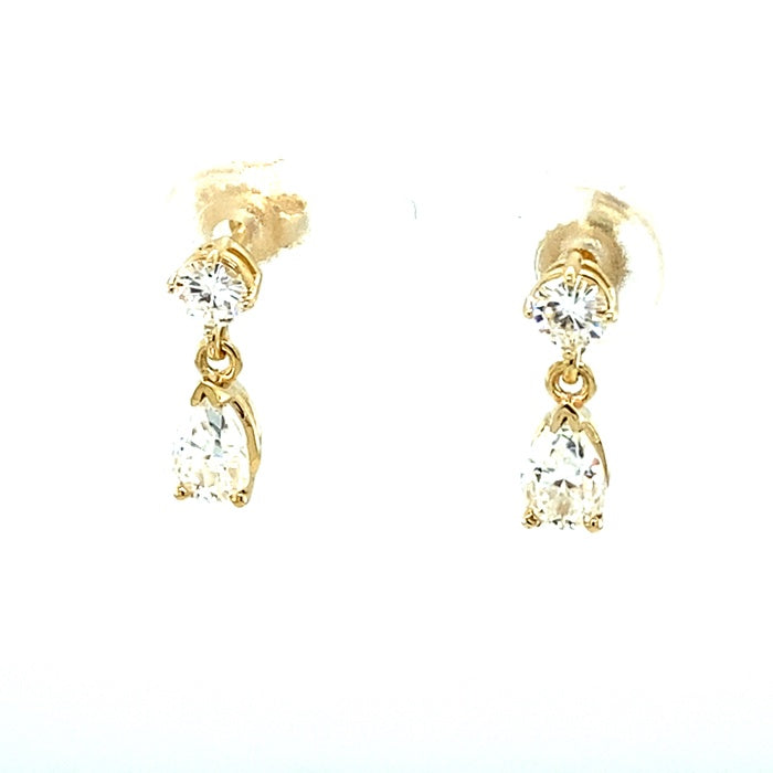 1.18 CTW DEW Pear Near-Colorless Moissanite Two-Stone Drop Earrings in 14K Yellow Gold