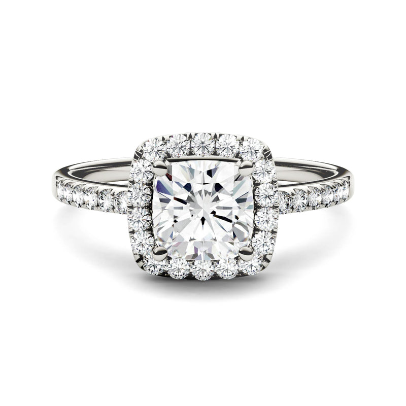 1.40 CTW DEW Cushion Moissanite Halo Ring in 14K White Gold