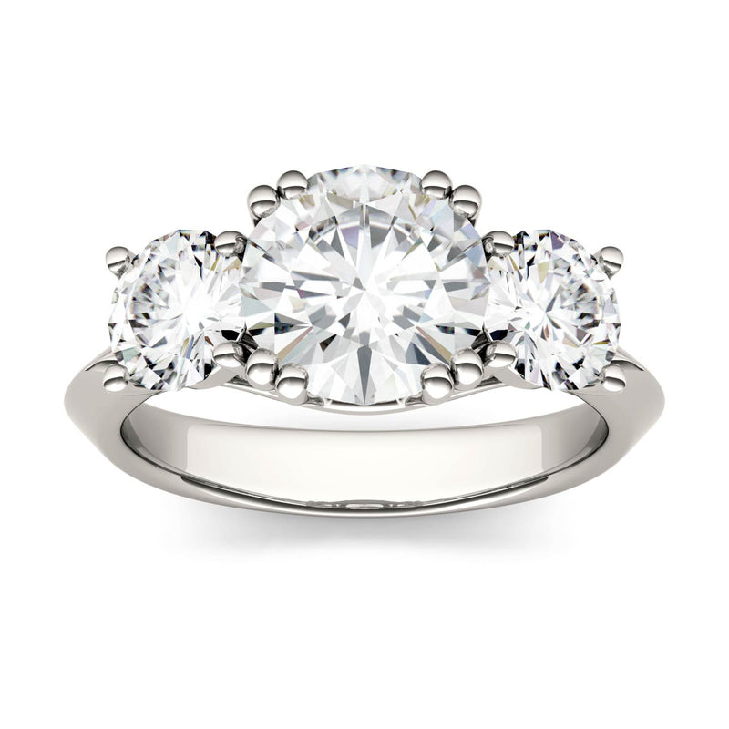 3.10 CTW DEW Round Moissanite Three Stone Ring in 14K White Gold