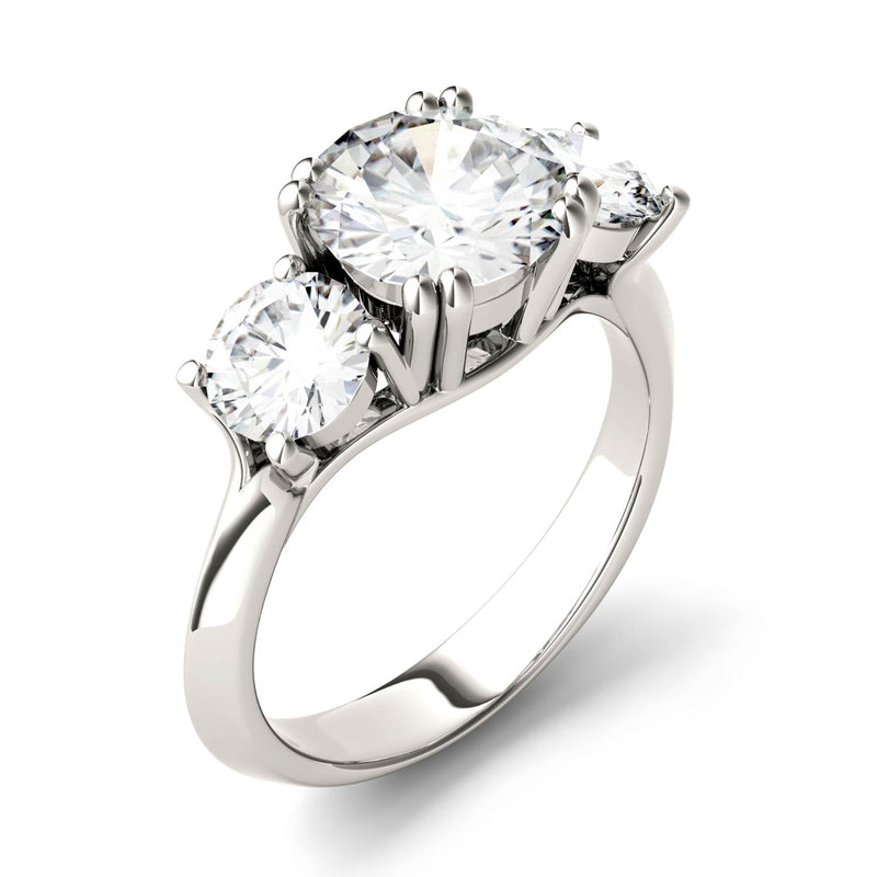 3.10 CTW DEW Round Moissanite Three Stone Ring in 14K White Gold