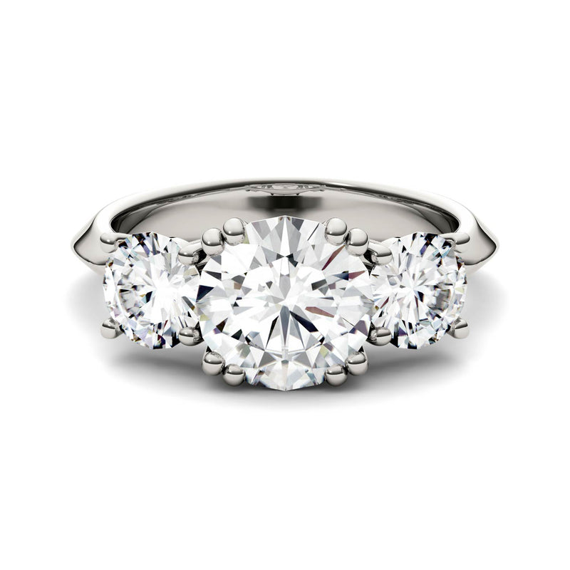 3.10 CTW DEW Round Moissanite Three Stone Ring in 14K White Gold