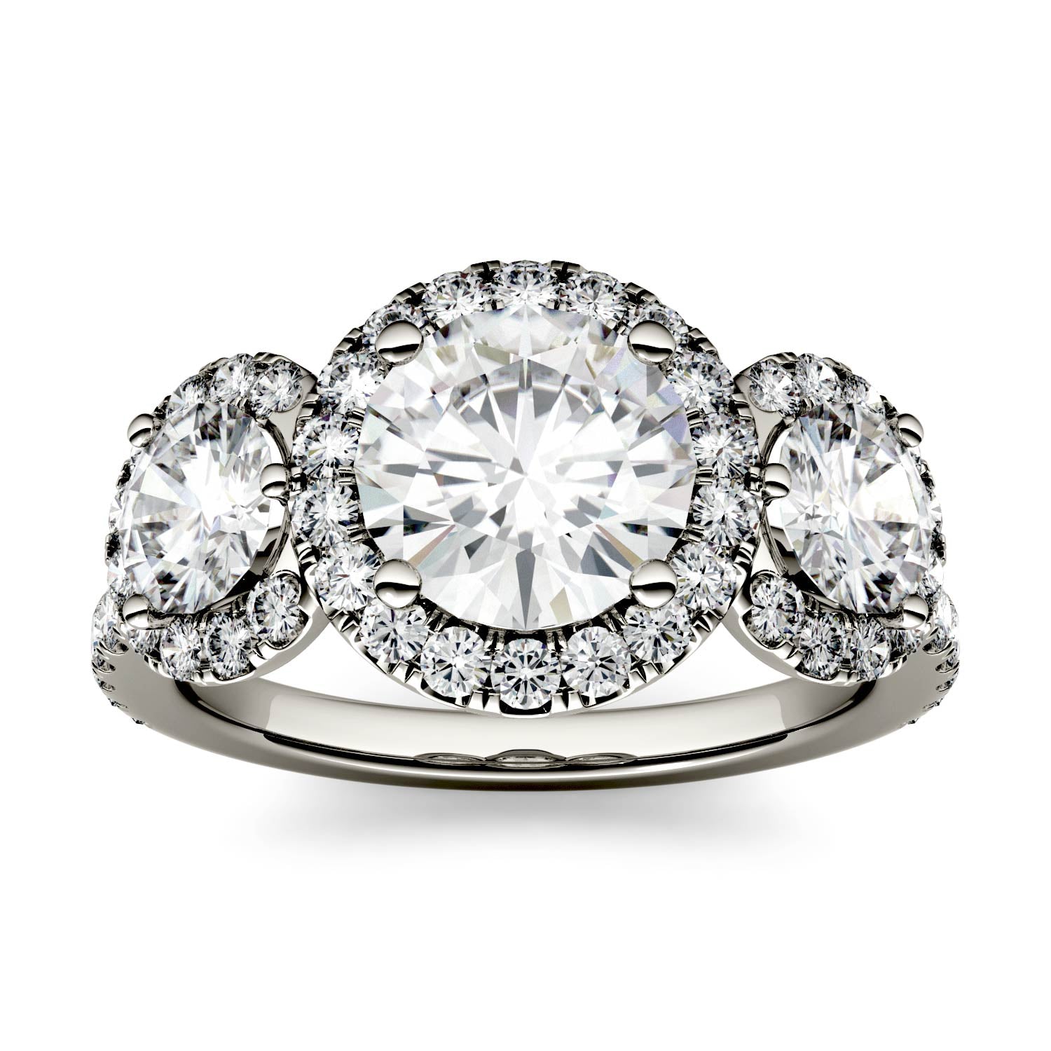 3.09 CTW DEW Round Moissanite Halo Three Stone Ring in 14K White Gold