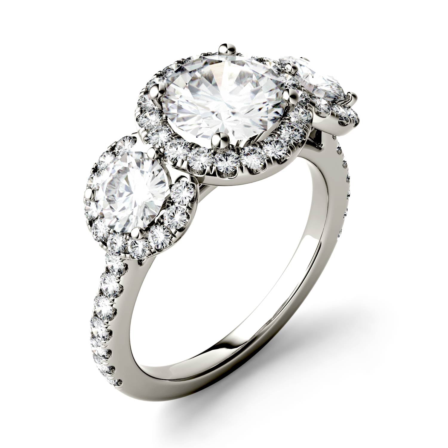 3.09 CTW DEW Round Moissanite Halo Three Stone Ring in 14K White Gold