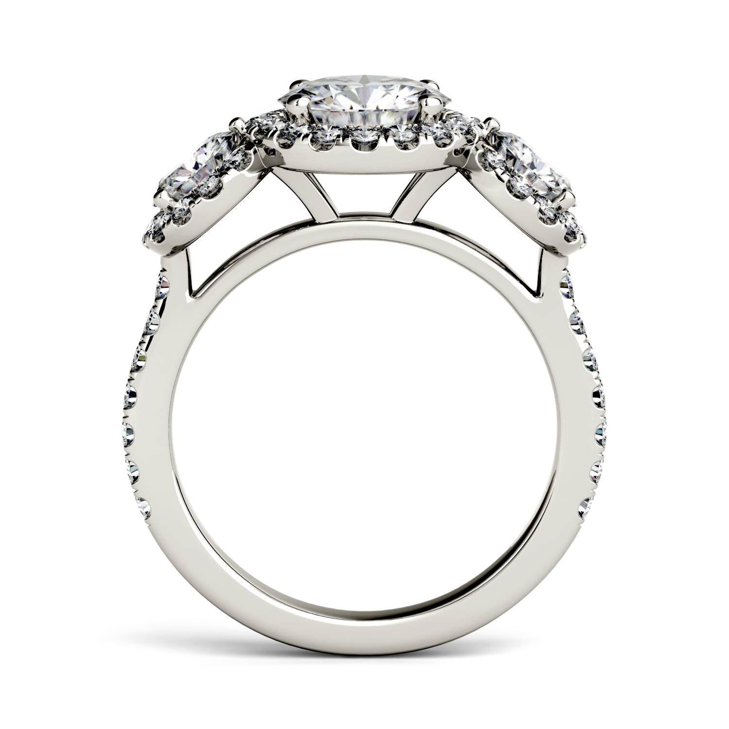 3.09 CTW DEW Round Moissanite Halo Three Stone Ring in 14K White Gold