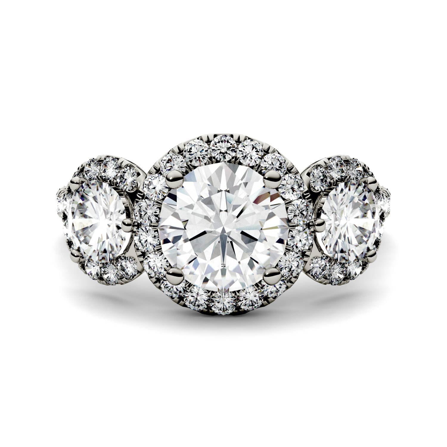 3.09 CTW DEW Round Moissanite Halo Three Stone Ring in 14K White Gold