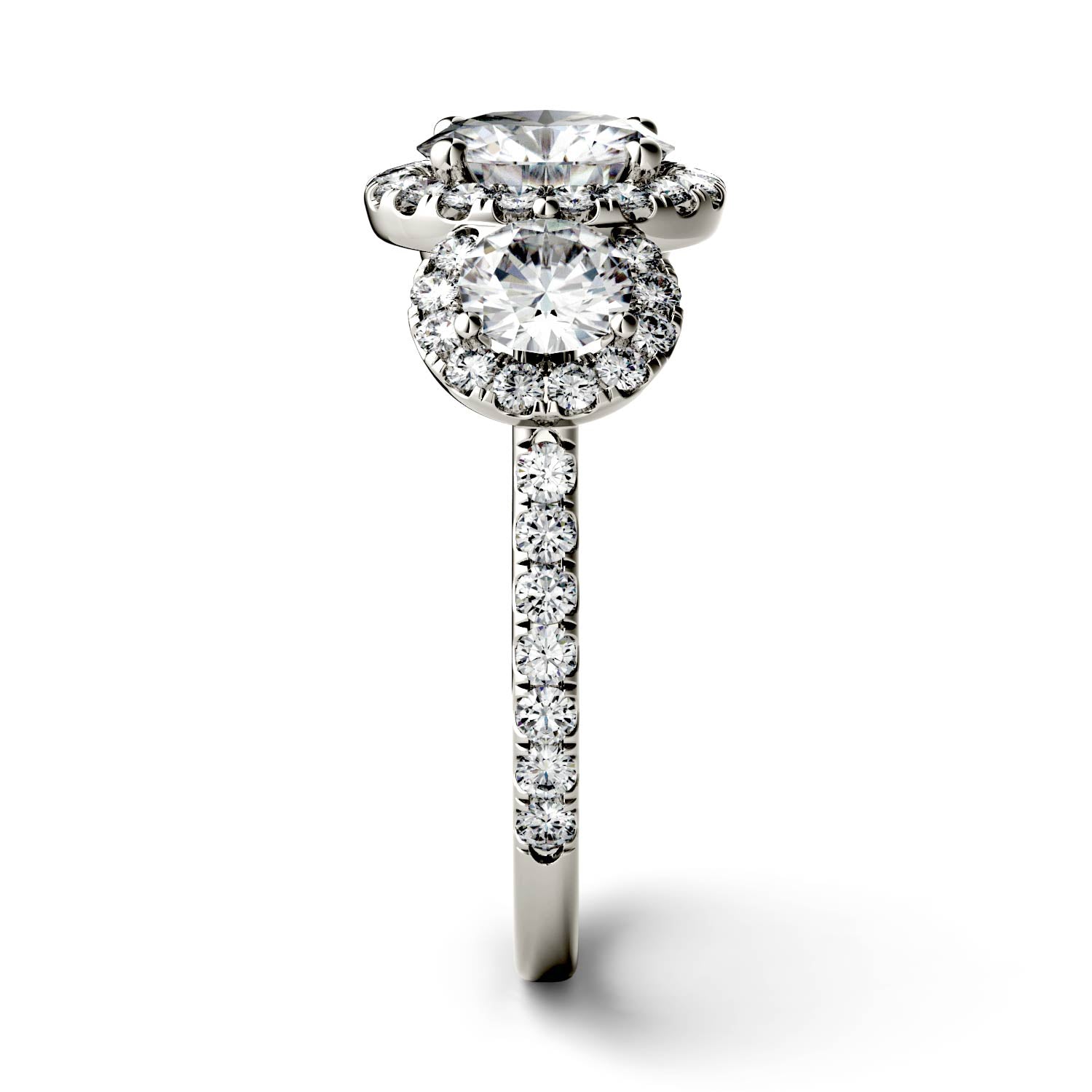 3.09 CTW DEW Round Moissanite Halo Three Stone Ring in 14K White Gold