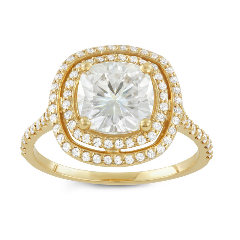 2.90 CTW DEW Cushion Moissanite Halo Ring in 14K Yellow Gold