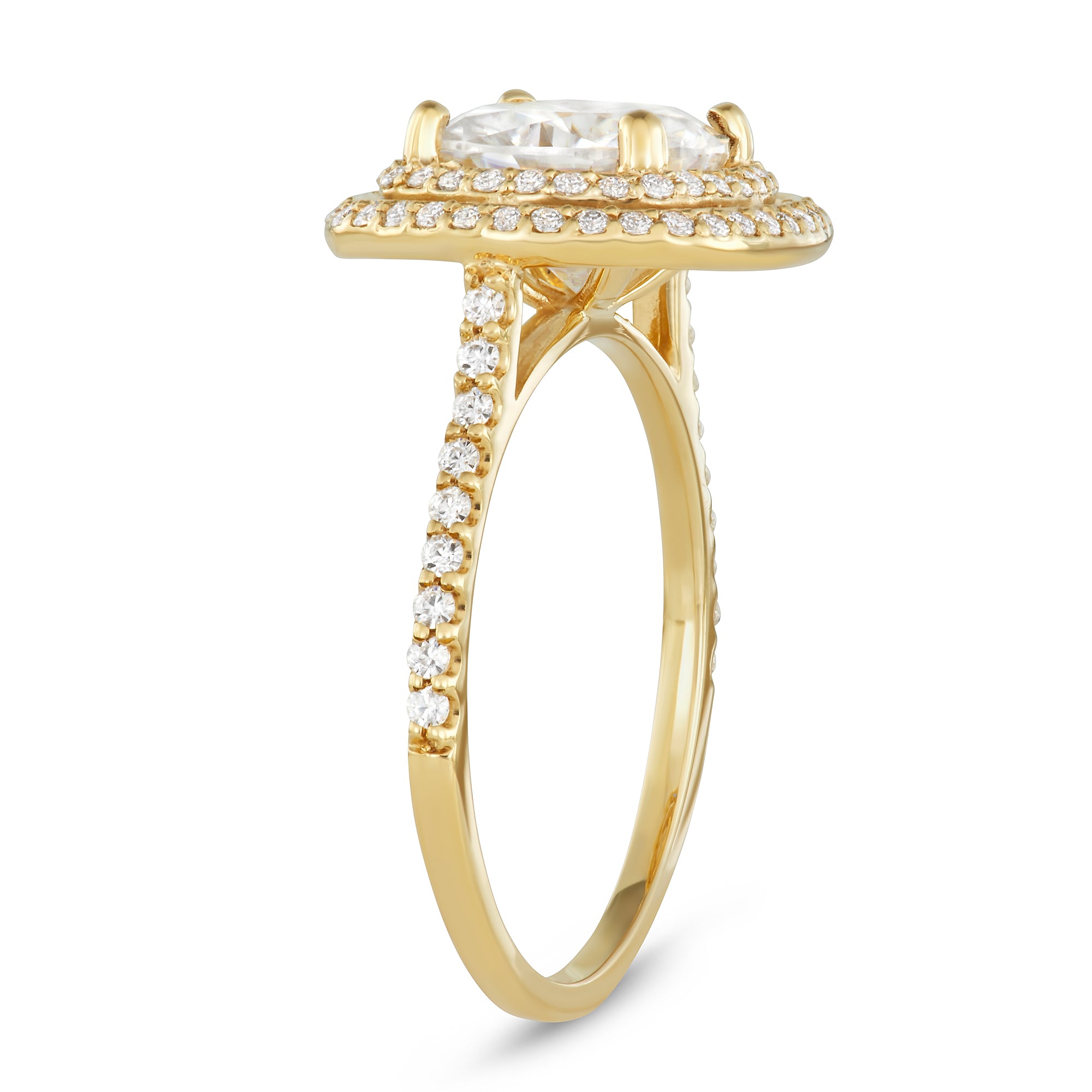 2.90 CTW DEW Cushion Moissanite Halo Ring in 14K Yellow Gold