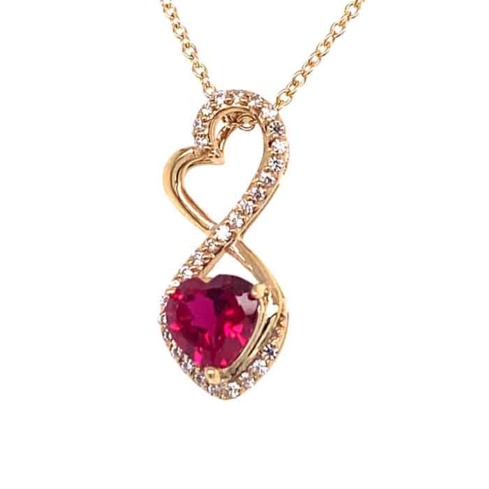 1.21 CTW DEW Red Heart Lab Created Ruby & Moissanite Infinity Pendant in 14K Yellow Gold