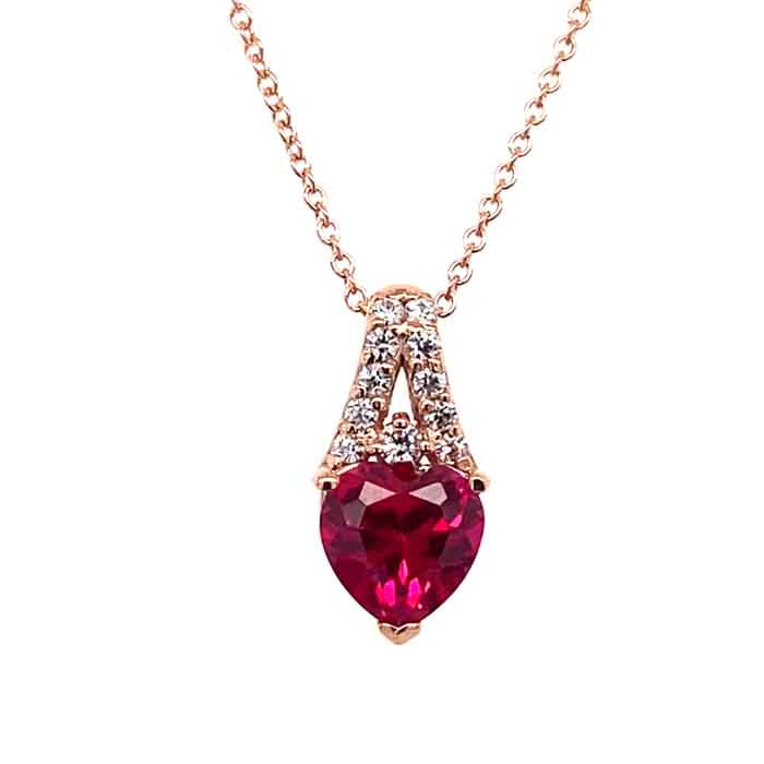 1.86 CTW DEW Red Heart Lab Created Ruby & Moissanite Halo Pendant in 14K Rose Gold