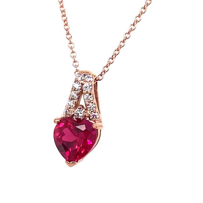 1.86 CTW DEW Red Heart Lab Created Ruby & Moissanite Halo Pendant in 14K Rose Gold