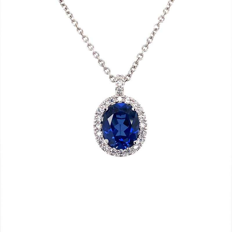 3.85 CTW DEW Blue Oval Lab Created Sapphire & Moissanite Halo Pendant in 14K White Gold
