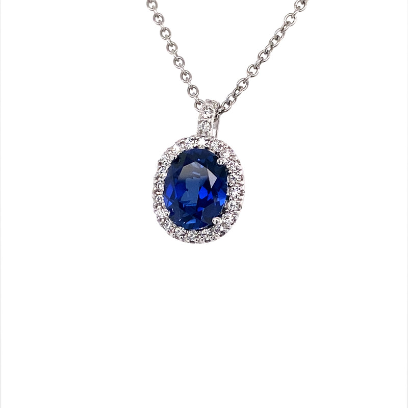 3.85 CTW DEW Blue Oval Lab Created Sapphire & Moissanite Halo Pendant in 14K White Gold