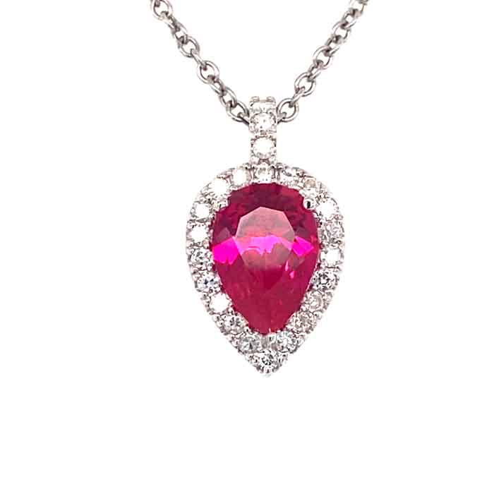 2.85 CTW DEW Pear Near-Colorless Moissanite & Lab Created Ruby Halo Pendant in 14K White Gold