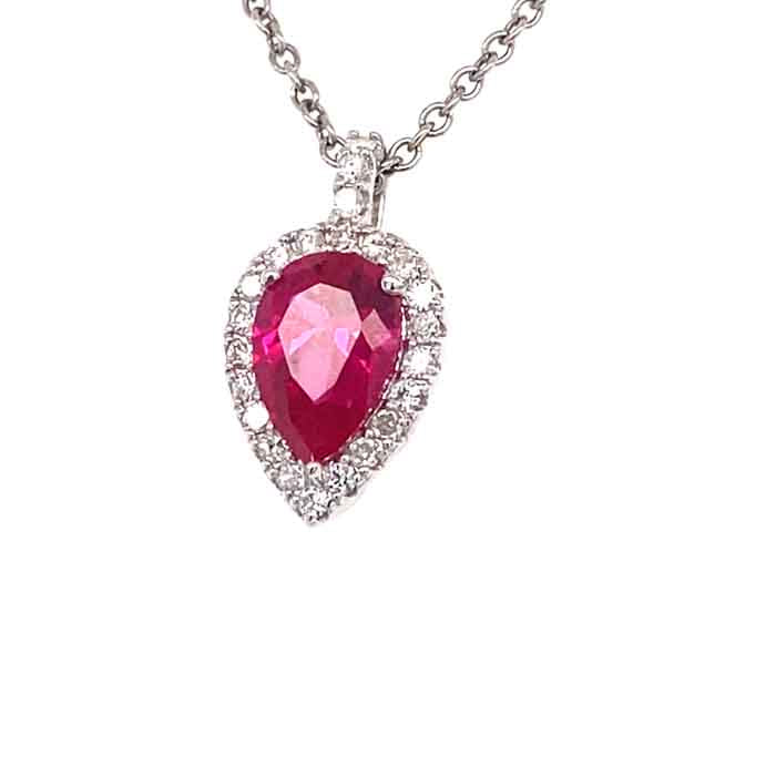 2.85 CTW DEW Pear Near-Colorless Moissanite & Lab Created Ruby Halo Pendant in 14K White Gold