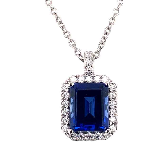 4.39 CTW DEW Blue Radiant Lab Created Sapphire & Moissanite Halo Pendant in 14K White Gold