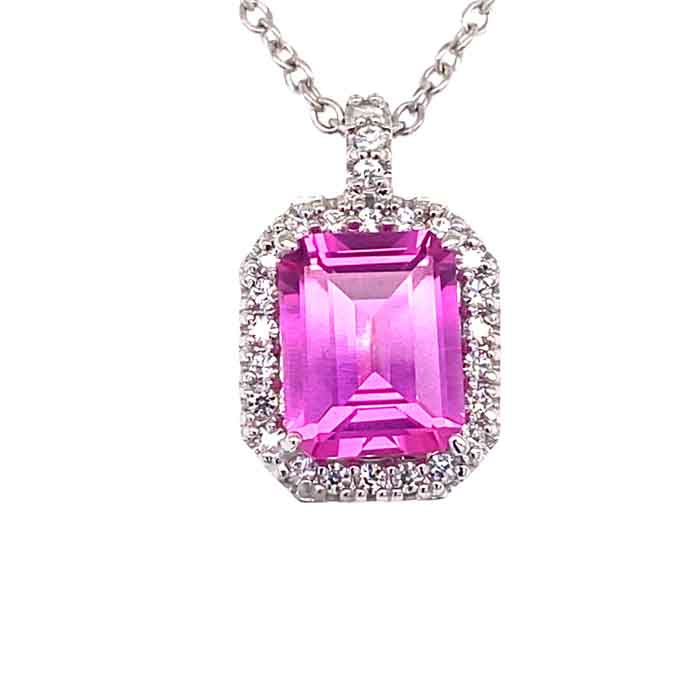 4.39 CTW DEW Pink Emerald Lab Created Sapphire & Moissanite Halo Pendant in 14K White Gold