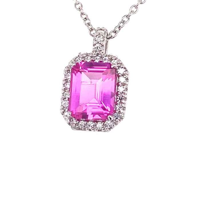 4.39 CTW DEW Pink Emerald Lab Created Sapphire & Moissanite Halo Pendant in 14K White Gold