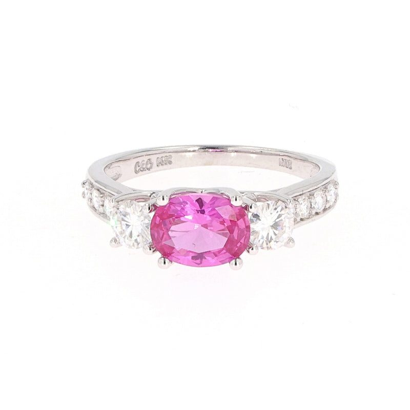 2.14 CTW DEW Pink Oval Lab Created Sapphire & Moissanite Three-Stone Ring in 14K White Gold