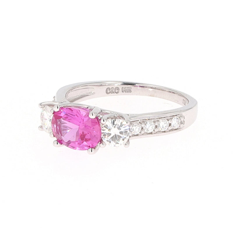2.14 CTW DEW Pink Oval Lab Created Sapphire & Moissanite Three-Stone Ring in 14K White Gold