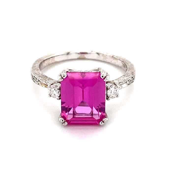 4.14 CTW DEW Pink Emerald Lab Created Sapphire & Moissanite Three-Stone Engagement Ring in 14K White Gold