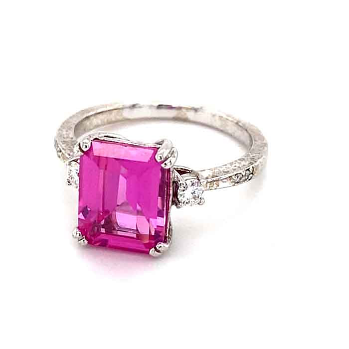 4.14 CTW DEW Pink Emerald Lab Created Sapphire & Moissanite Three-Stone Engagement Ring in 14K White Gold
