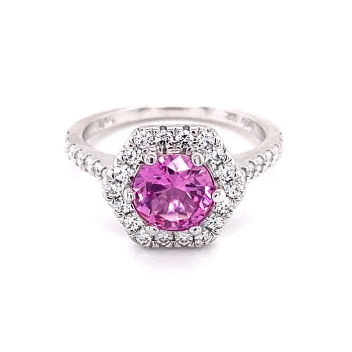 3.26 CTW DEW Pink Round Lab Created Sapphire & Moissanite Statement Ring in 14K White Gold