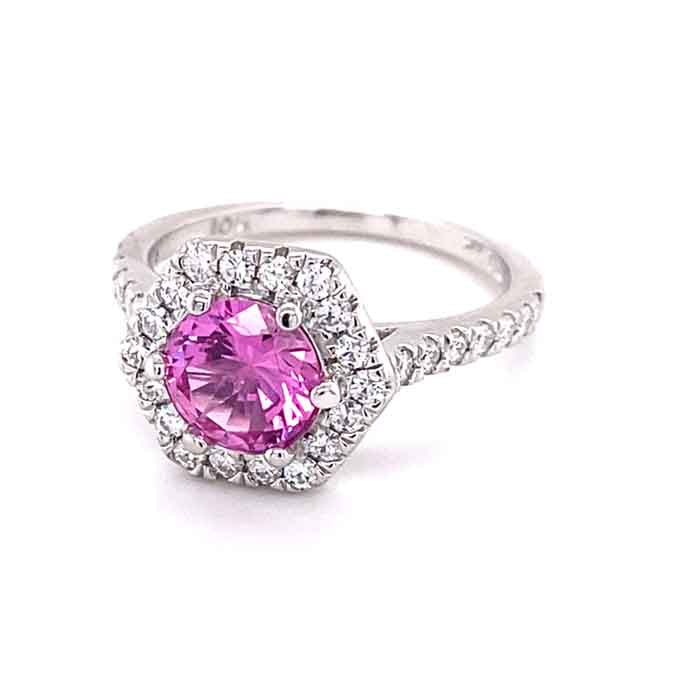 3.26 CTW DEW Pink Round Lab Created Sapphire & Moissanite Statement Ring in 14K White Gold