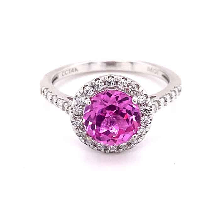 3.15 CTW DEW Pink Round Lab Created Sapphire & Moissanite Halo Engagement Ring in 14K White Gold
