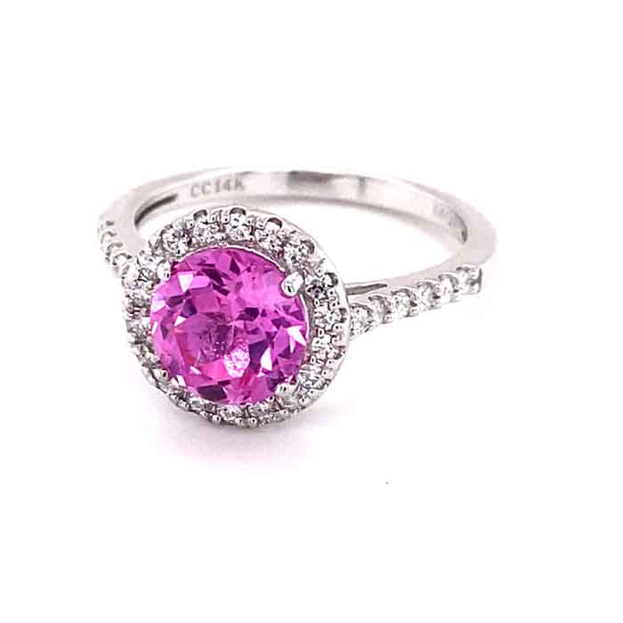 3.15 CTW DEW Pink Round Lab Created Sapphire & Moissanite Halo Engagement Ring in 14K White Gold