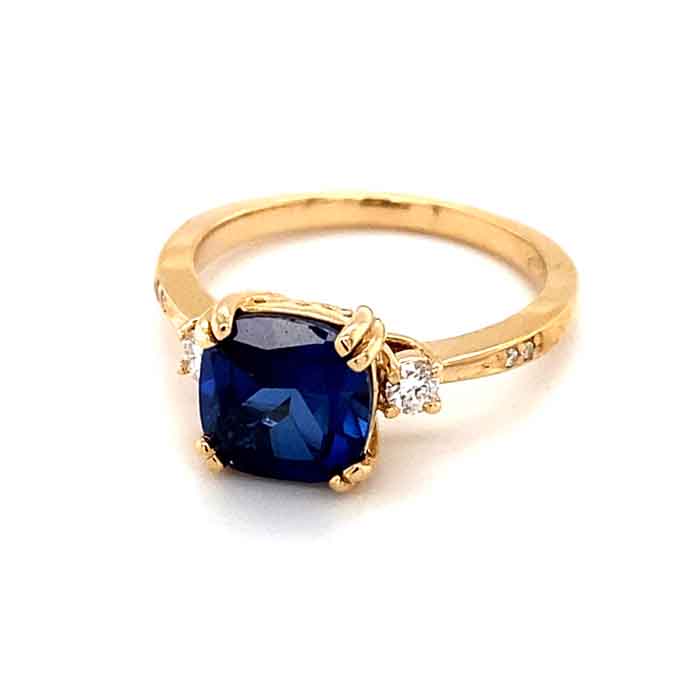 2.84 CTW DEW Blue Cushion Lab Created Sapphire & Moissanite Statement Ring in 14K Yellow Gold