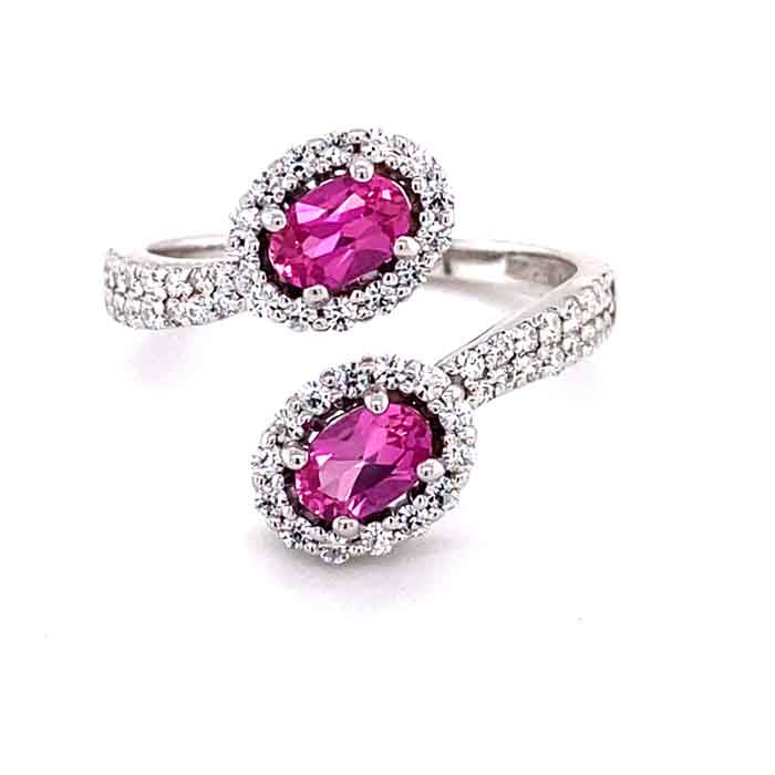 1.38 CTW DEW Pink Oval Lab Created Sapphire & Moissanite Bypass Statement Ring in 14K White Gold