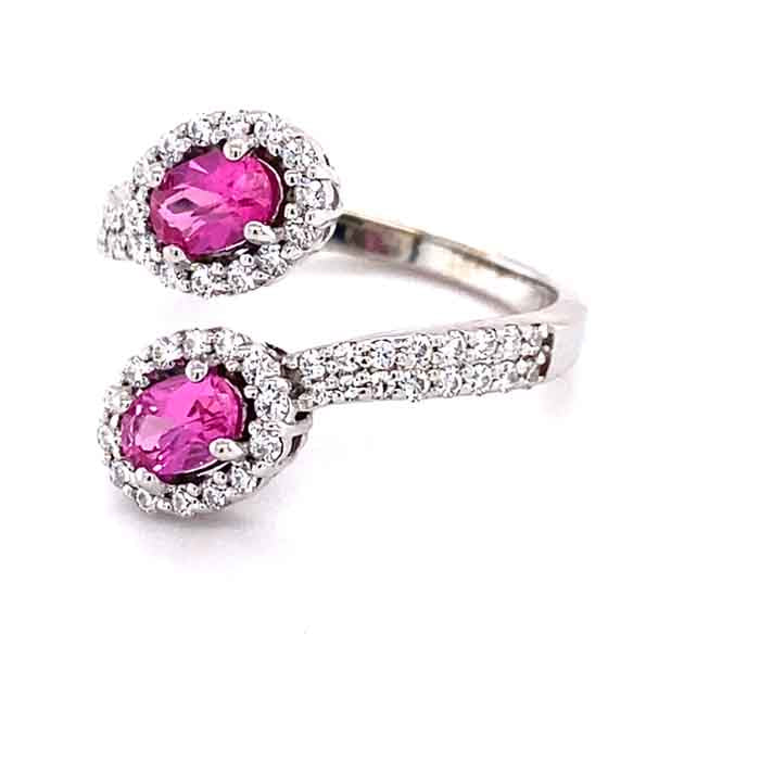1.38 CTW DEW Pink Oval Lab Created Sapphire & Moissanite Bypass Statement Ring in 14K White Gold