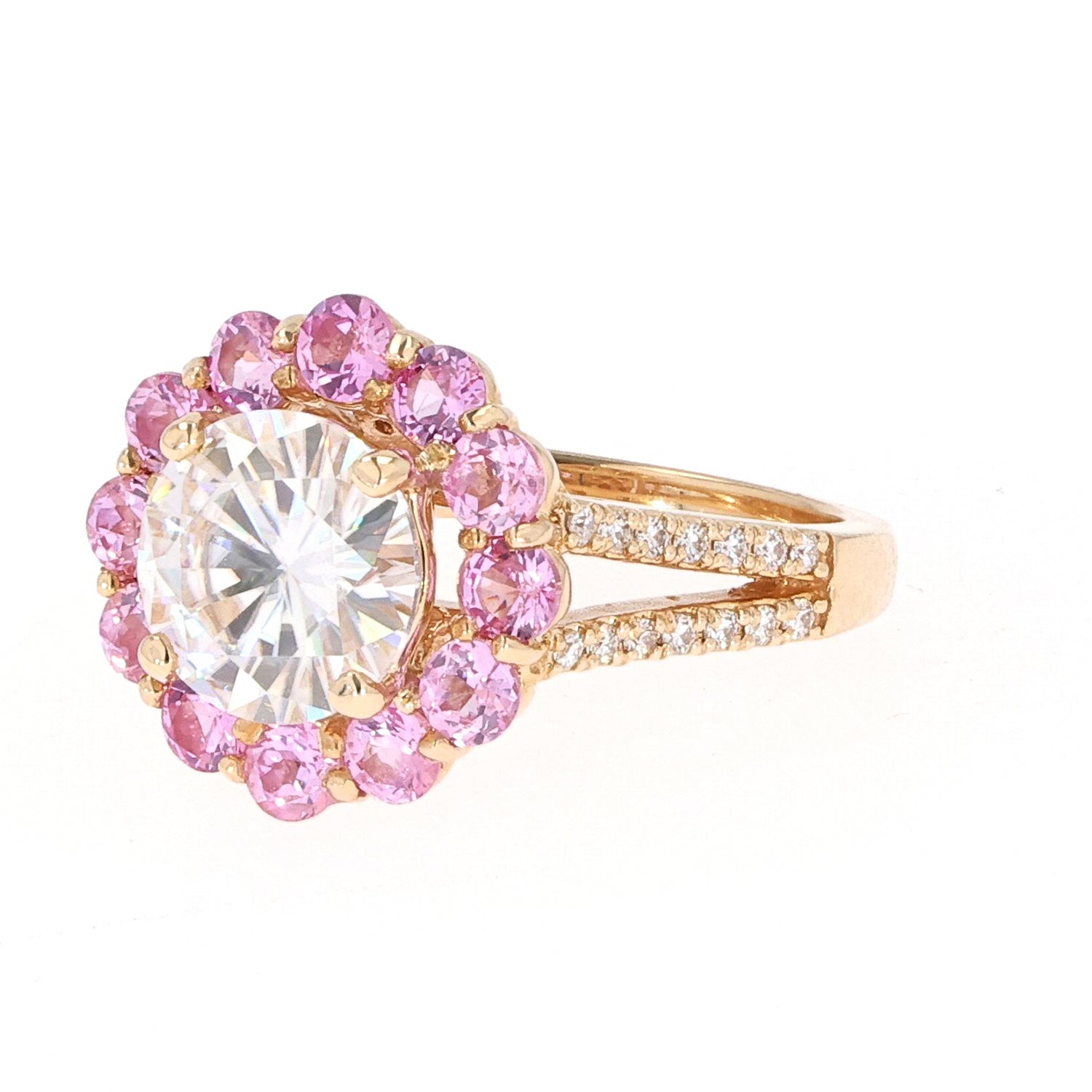 5.18 CTW DEW Round Near-Colorless Moissanite & Pink Lab Created Sapphire Statement Ring in 14K Yellow Gold