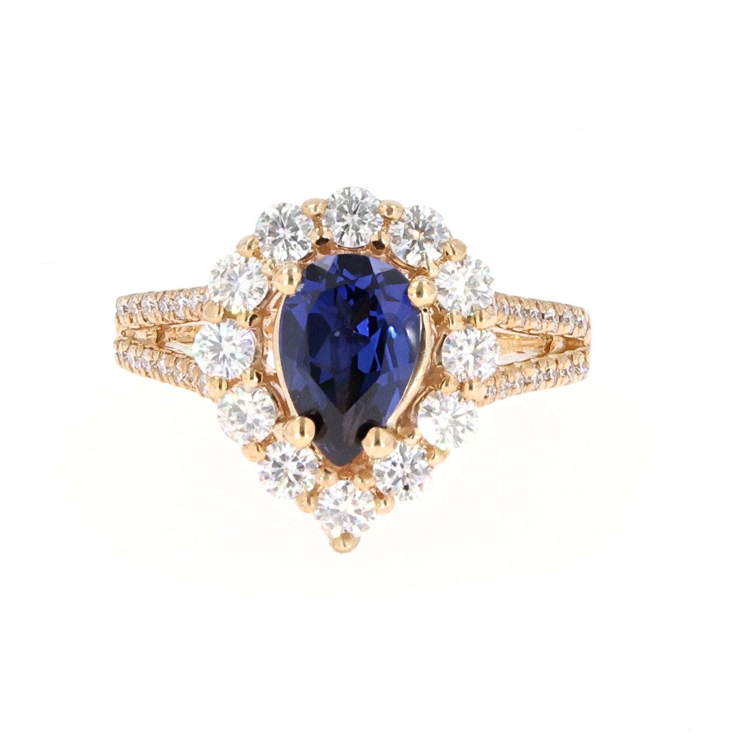 2.73 CTW DEW Blue Pear Lab Created Sapphire & Moissanite Statement Ring in 14K Yellow Gold
