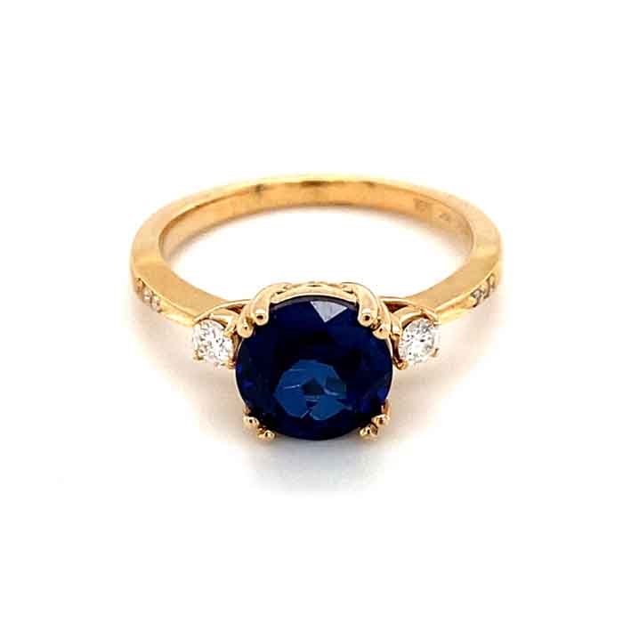 2.84 CTW DEW Blue Round Lab Created Sapphire & Moissanite Statement Ring in 14K Yellow Gold
