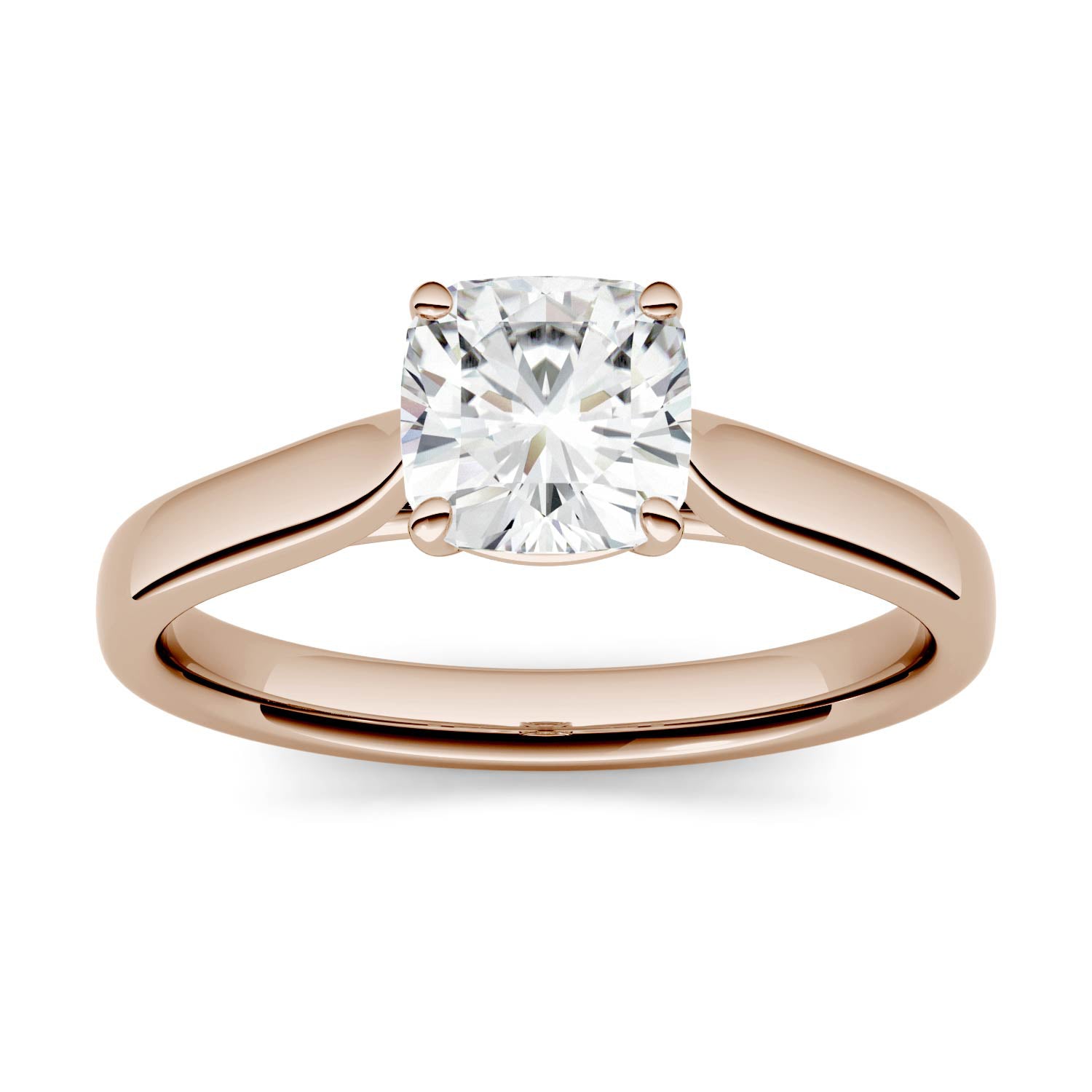 1.10 CTW DEW Cushion Moissanite Cathedral Solitaire Engagement Ring in 14K Rose Gold