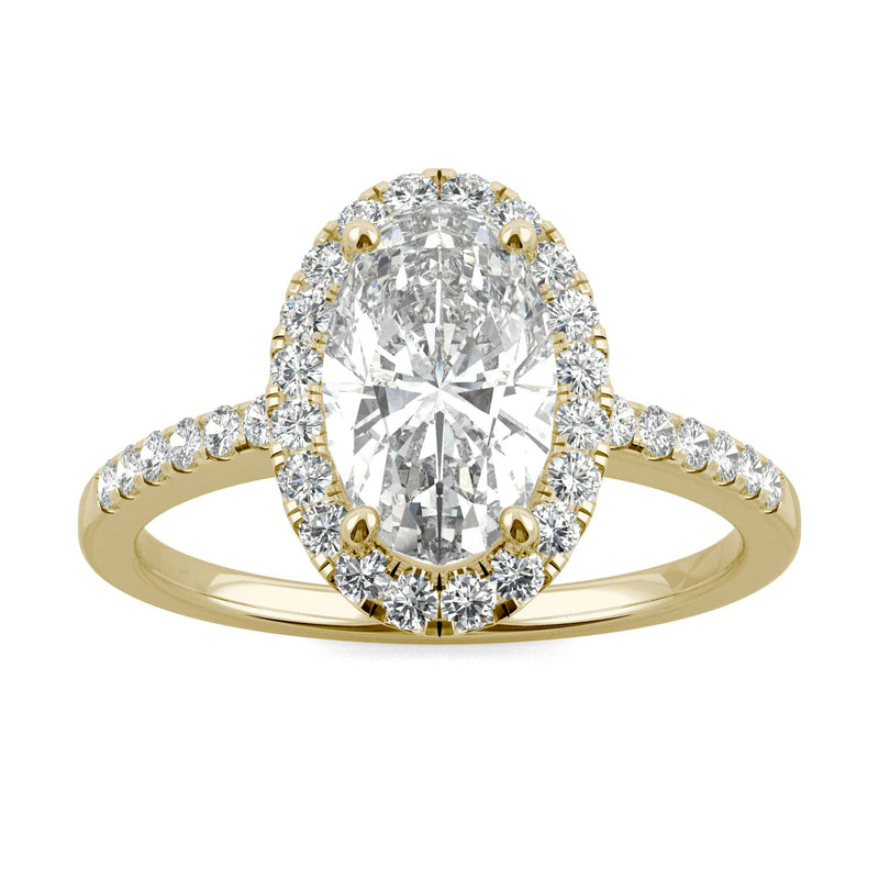 2.62 CTW DEW Elongated Oval Moissanite Halo Ring in 14K Yellow Gold